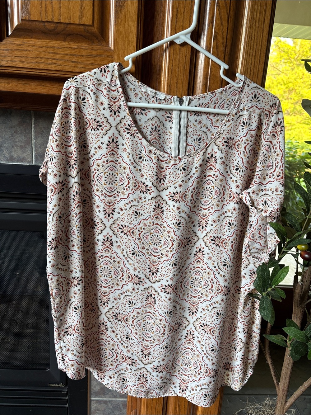 Maurices Cream Blouse with Rust Medallion Print